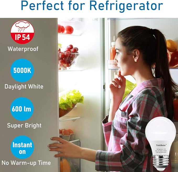 YukiHalu LED Refrigerator Light Bulb 60W Equivalent A15 Appliance Fridge Bulbs, Waterproof 600 Lumen 7W 120V Daylight 5000K E26 Medium Base, Small Size Bulb for Damp Location, Not-Dim, 2-Pack