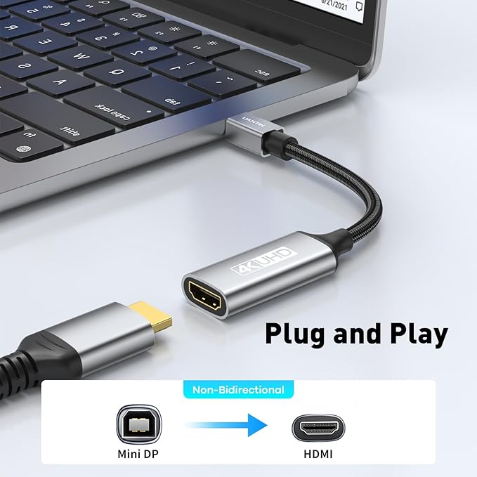 Mini DisplayPort to HDMI Adapter | 4K High-Speed Thunderbolt 2 (DP) Male to HDMI Female Braided Converter, Mini Display Port Compatible for MacBook Air/Pro, Mac mini, Surface Pro/Dock