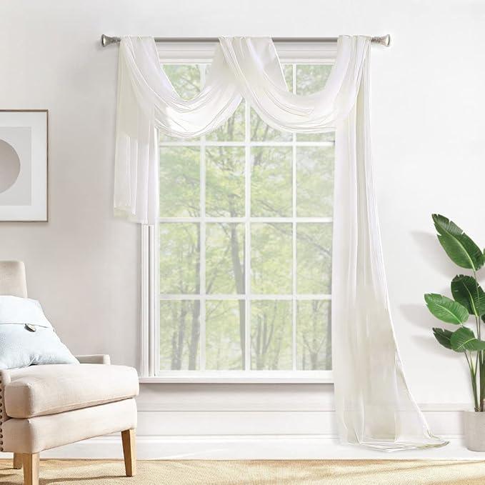 MIULEE Sheer Window Scarf - Extra Long 216 Inch Elegant Valance, Soft Voile Canopy Bed Curtain for Wedding Ceremony & Home Decor, 54x216 Ivory