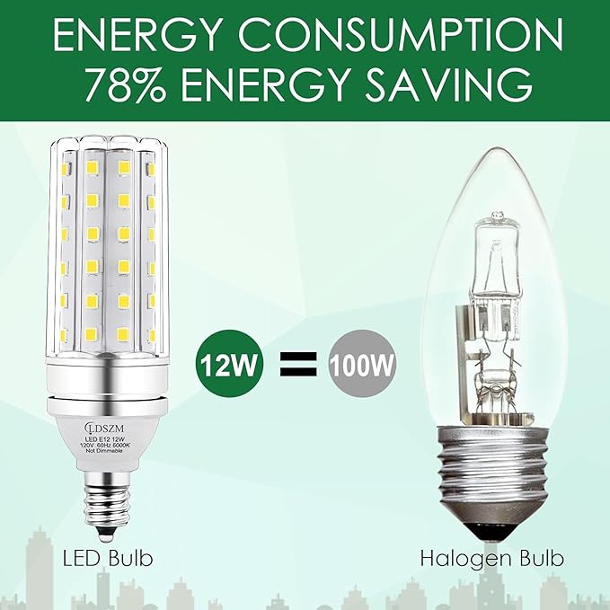 E12 LED Corn Light Bulbs, 12W Equivalent 100W, 1200 Lumen 6000K Cool Daylight White, Non-Dimmable Candelabra Base Chandelier Lights, Pack of 3