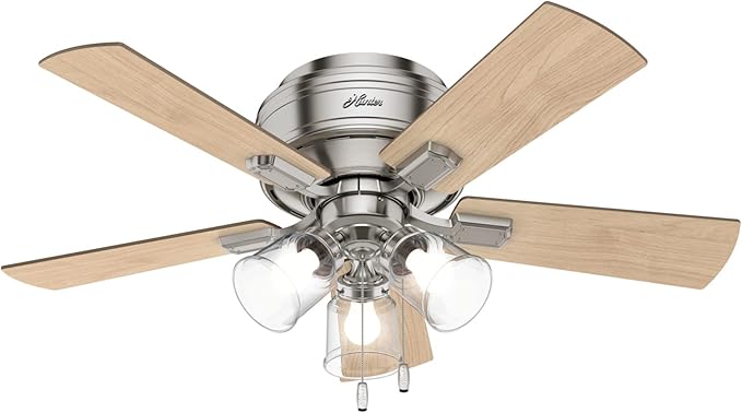 Hunter 42 inch Indoor Ceiling Fan with LED Lights and Pull Chain - Low Profile Mount Ceiling Fan, 5 Blades, For Bedroom, Living Room, or Kitchen, Quiet - Crestfield 52154, Brushed Nickel