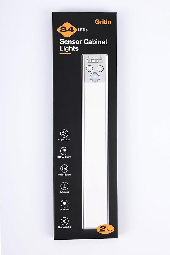 Gritin 10.2inch Under Cabinet Lighting Rechargeable -84 LED Super Bright,3-Color& 5 Level Brightness,4 Modes,Motion Sensor,Long Lasting- Easy Installation Magnetic Under Cabinet Closet Lights -2 Pack