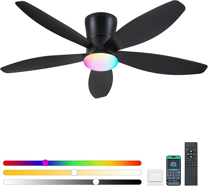 Flush Mount RGB Ceiling Fans with Lights-48 Low Profile Ceiling Fan with Light and Remote/APP Control,DC Reversible,LED Dimmable Blakc Ceiling Fans for Bedroom,Indoor/Outdoor Patio Use