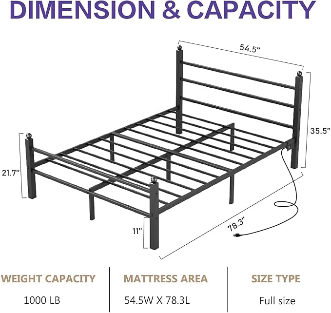 Full Bed Frame with Headboard and Footboard, Metal Bed Frame with Charging Station and LED Lights, Under Bed Storage, No Box Spring Needed,Noise Free, Black