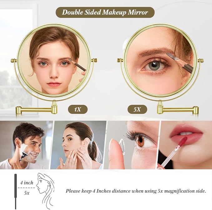 Cerdeco 8 Inch Double Sided Makeup Wall Mount Mirror with Gold Plated Finish 360 Swivel Extendable Cosmetic Shaving Mirror