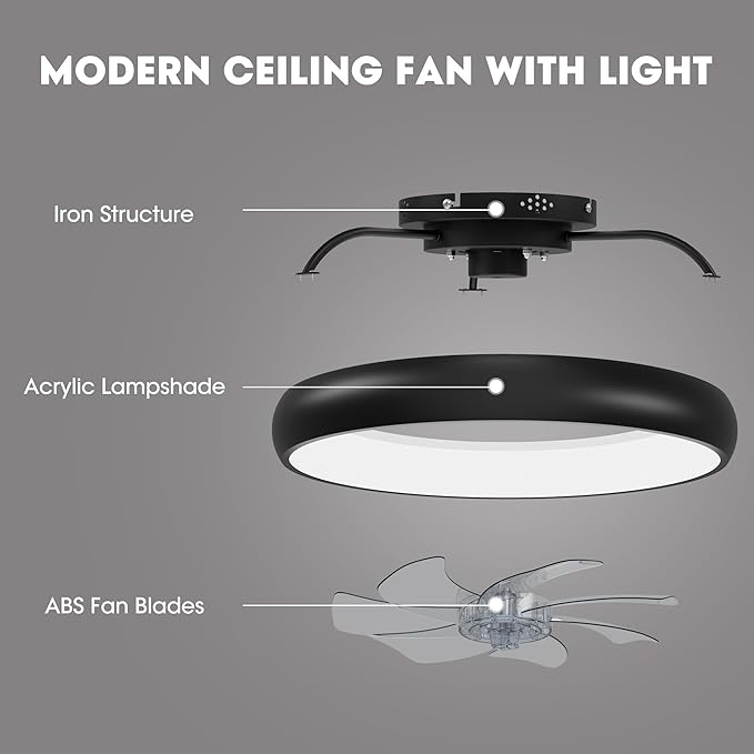 Ceiling Fan with Lights, 15" Flush Mount, Black Low Profile with 6 Wind Speeds, Smart Dimmable LED for Bedroom, Living Room