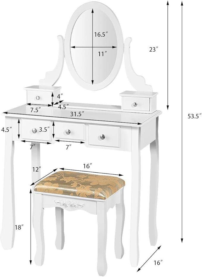 CHARMAID Vanity Table Set with Rotatable Oval Mirror, Bedroom Makeup Table with 5 Drawers for Women Girls, Dressing Table with Cushioned Stool (White)