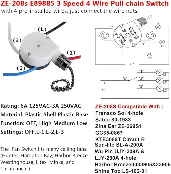 Ceiling Fan Switch Zing Ear ZE-208s E89885 3 Speed 4 Wire Pull Chain Switch Fan Light Switch Replacement Part with 4 Pre-Installed Wires(Black Chain)
