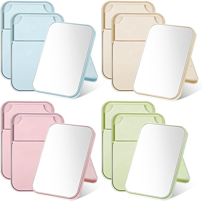 SHENLIU 12 Pack 8" Desktop Makeup Mirror, Portable Folding Vanity Mirror with Stand, 90° Adjustable High-Definition Glass 4 Colors for Travel Bathroom Women Beauty
