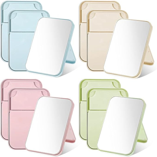 SHENLIU 12 Pack 8" Desktop Makeup Mirror, Portable Folding Vanity Mirror with Stand, 90° Adjustable High-Definition Glass 4 Colors for Travel Bathroom Women Beauty