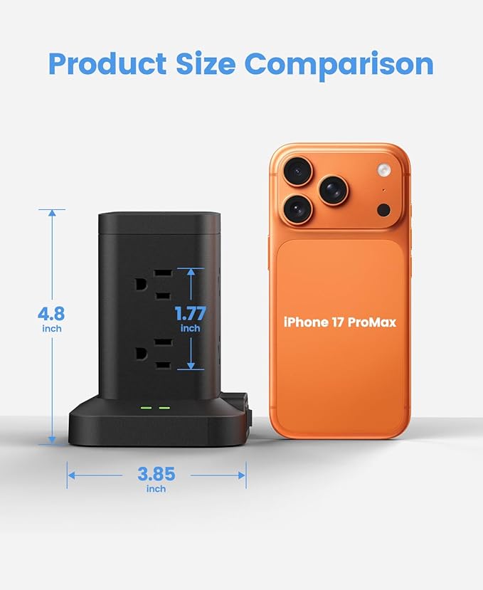 Power Strip Tower with Surge Protector 1800J, Fast Charging Tower PD20W USB-C Ports with 8 AC Outlets, 6ft Extension Cord for Home Office Dorm Room, Black