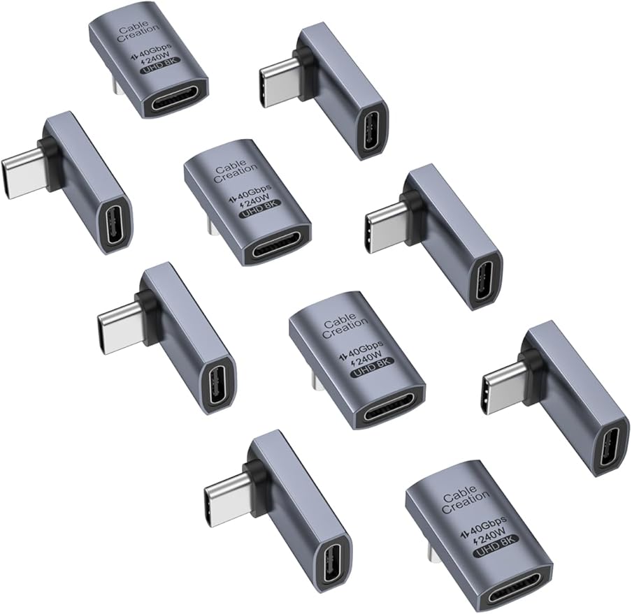 CableCreation 90 Degree USB C Adapter 10 Pack, Right Angle USB C Male to Female Adapter 40Gbps 240W Compatible with Steam Deck, ROG Ally, Switch, Notebook, PC, Tablet, Phone and More, UP Angle