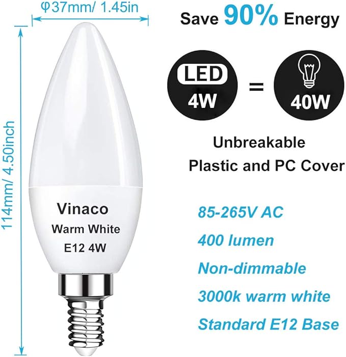 Vinaco 2 Pack E12 LED Candelabra Bulb, 400LM 4W 3000K Warm White, High Brightness, Long Lifespan, Energy Efficient, Flicker-Free, Great for Ceiling Fan Light Bulb