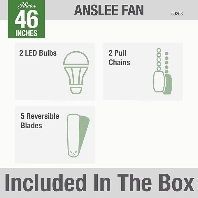 Hunter 59268 Anslee Indoor Low Profile Ceiling Fan with LED Light and Pull Chain Control, 46", Brown