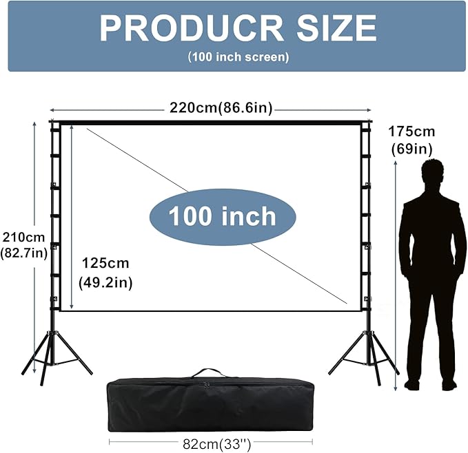 100 Inch Outdoor Projector Screen with One-Piece Telescopic Stand, Wrinkle-Resistant 4K HD Movie Screen for Backyard, Camping and Indoor Home Theater (Fits Long Throw Projectors)