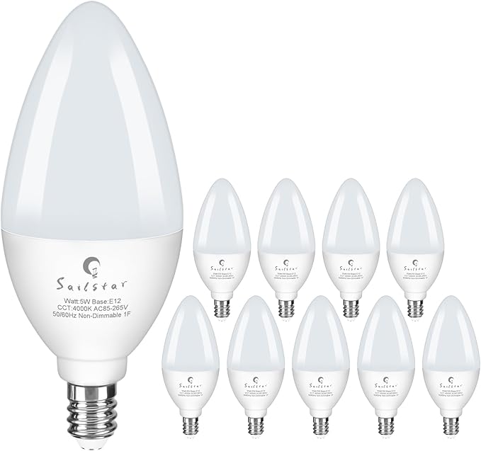 Sailstar Candelabra Light Bulbs 60 Watt Equivalent, 5000K Daylight, 5W E12 Small Base Type B LED Bulbs, 500 Lumens, Chandelier Ceiling Fan Light Bulbs, CRI 85, Non-dimmable, Pack of 10