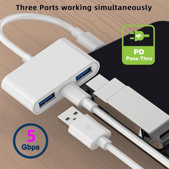 NFHK Type C USB-C to Dual Type-A USB3.0 Female with PD Power Charge Adapter Compatible with Laptop Tablet Phone
