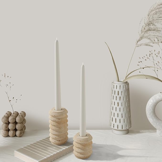 WORHE Candle Holders True Natural Travertine Stone 0.4" Thick, Set of 2 Premium Marble Candlestick Holder for Wedding Dinning Party, Candle Stand for 3/4 inch Thick Candles Color White (ZT002)