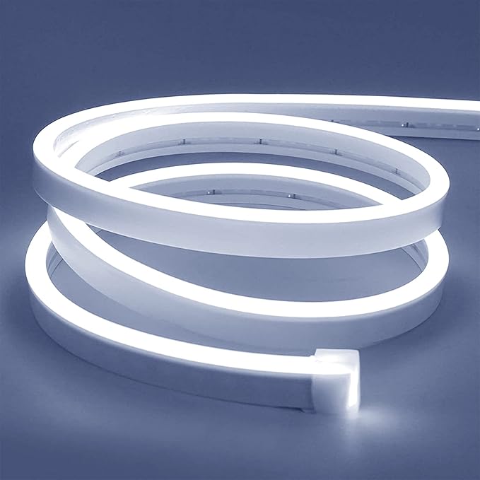 Lamomo White Led Strip Lights, 16.4ft/5m Neon Light Strip, 12V Flex Waterproof Neon LED Strip Silicone LED Neon Rope Light for Kitchen Bedroom Indoor Outdoor Decoration（Power Adapter not Included