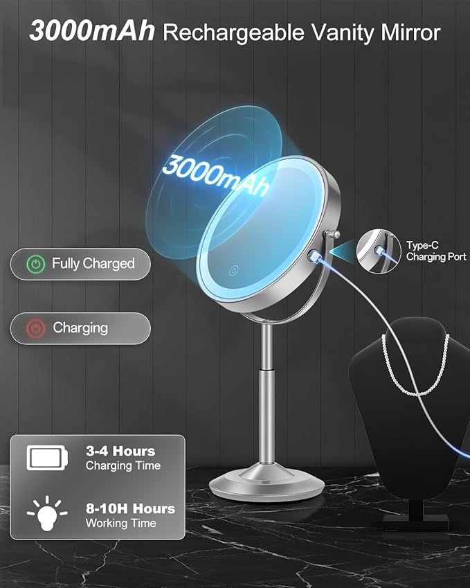 Makeup Mirror with Lights, 1X/30X Lighted Magnifying Mirror Height Adjustable, 3000mAh Rechargeable Double Sided Vanity Mirrors with 3 LED Lighting and Adjustable Brightness for Desk Women Gift