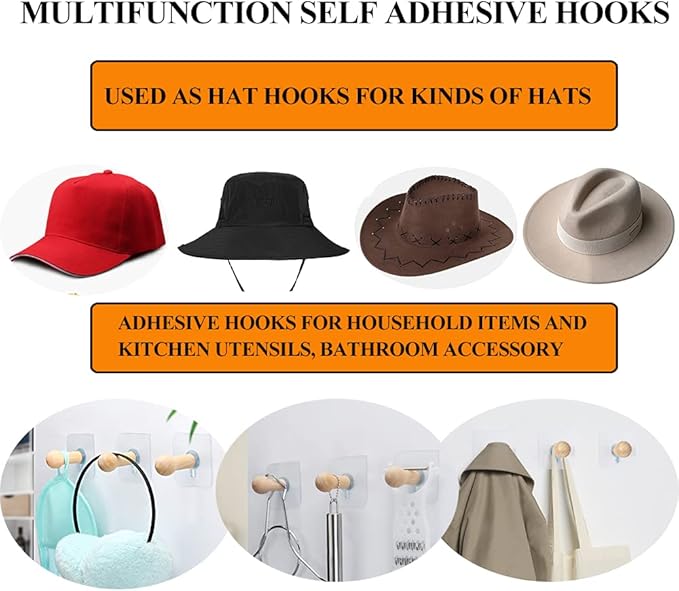 Wooden Adhesive Hat Hooks for Wall 8lb-No Drill Adhesive Hangers, Sticky Hat Hanger Stick On Door Closet Cabinet Wardrobe Entryway-8 Packs