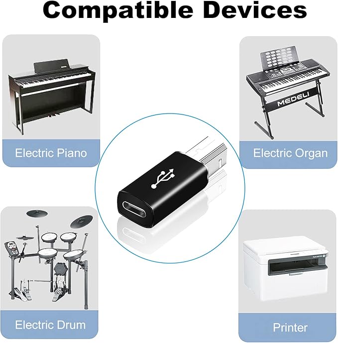 AreMe 2 Pack USB B to USB C Adapter, Type C Female to MIDI Converter Compatible with Printer, Electric Piano, Laptops and More Type-C Devices