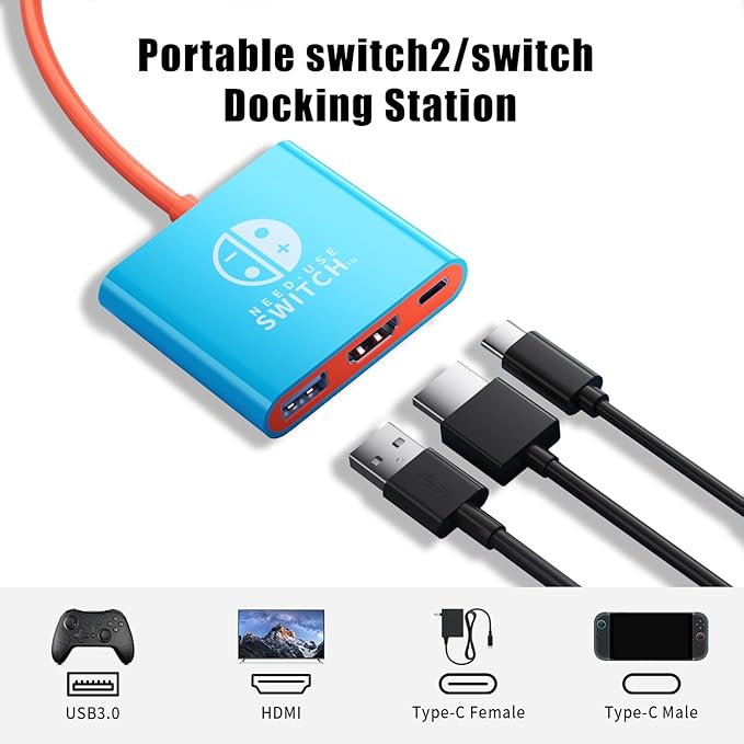 USB C to HDMI Adapter for Switch, Dock 3 in 1 TV Adapter with 4K HDMI Cable, 100W Type C Charging, Compatible with Switch, Steam Deck, Smartphones, PC (bleu)