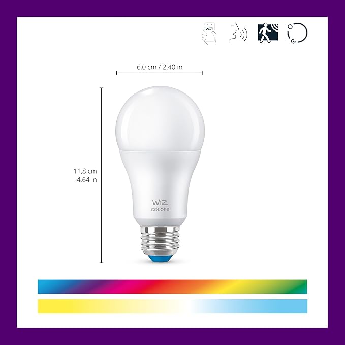 WiZ Connected Smart Light Bulbs, 2-Pack, Full Color A19 60W 800LM E26 LED Lights, Sunset/Sunrise Automation, Smart Bulbs with Motion Detection, Control with Voice or App