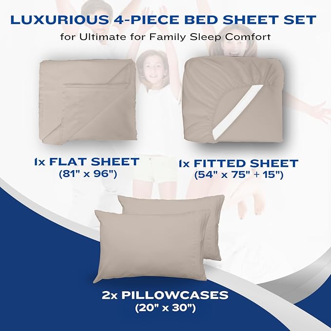 DREAMCARE Full Size Sheets Set - 4 Pcs Cooling Bed Sheets with Up to 15" Deep Pockets - Soft, Long-Lasting 100% Brushed Polyester with Side Pocket (Beige)
