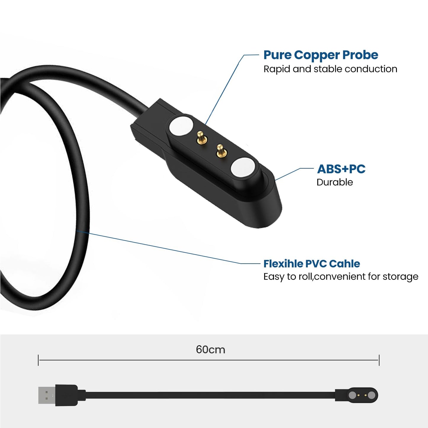 RuenTech 2-Pack Chargers for MOJIAJIZERA Smart Watch, Replacement Magnetic Charging Cable (Black&Black)
