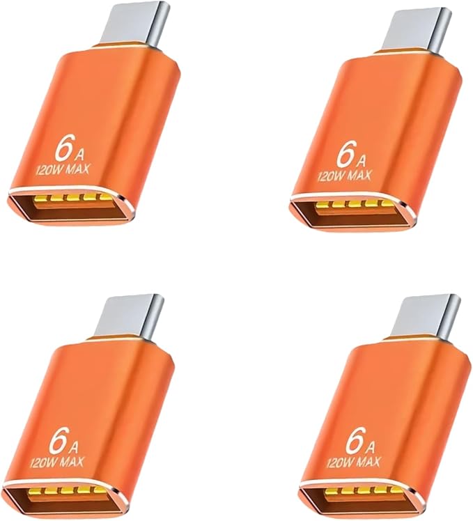 BOMIE USB C to USB Adapter 4 Pack,6A 120W Fast Charging 10Gbps Data Transfer,USB C Male to USB 3.2 Female OTG Adapter for Phone 15/16/17,Pad,Ma-cBook Pro/Air,Smartphone,Laptop,Tablet Orange