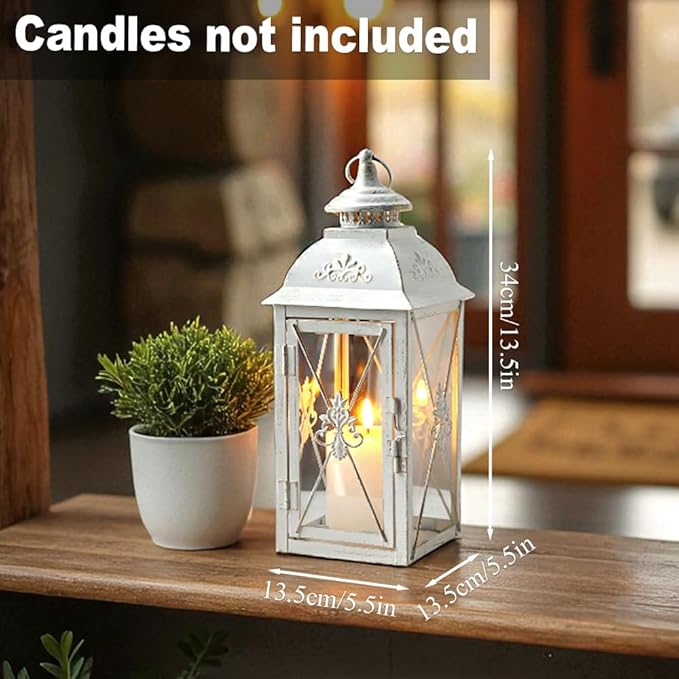 TRIROCKS Set of 2 Vintage Hanging Lantern - 13.5'' Decorative Metal & Tempered Glass Candle Holder - Ideal for Indoor/Outdoor Events, Patio, Garden, Parties White & Gold Brush Finish