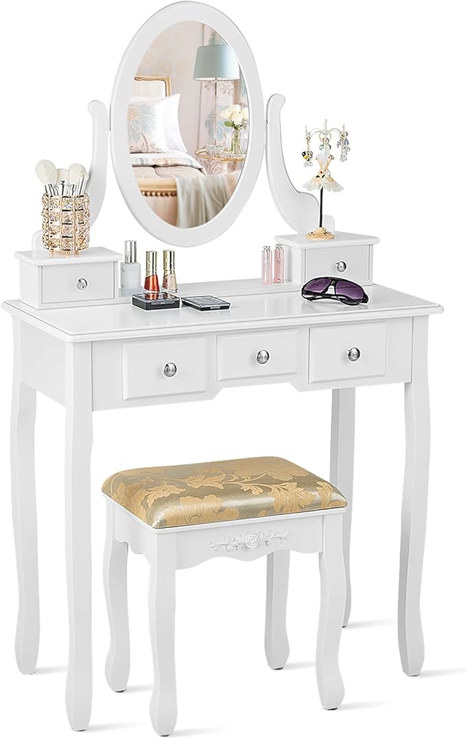 CHARMAID Vanity Table Set with Rotatable Oval Mirror, Bedroom Makeup Table with 5 Drawers for Women Girls, Dressing Table with Cushioned Stool (White)
