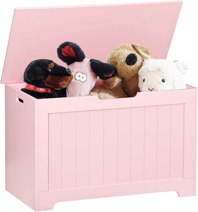 Wooden Storage Chest Box with Flip-top Lid & Safety Hinge, Living Room Organizer, Bedroom Bench with 100L Storing Area, Pink