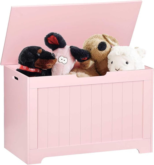 Wooden Storage Chest Box with Flip-top Lid & Safety Hinge, Living Room Organizer, Bedroom Bench with 100L Storing Area, Pink