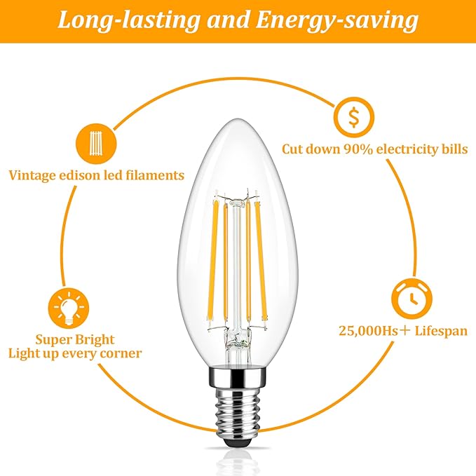 Brightever Dimmable Candelabra E12 LED Light Bulbs 60W Equivalent, 5-Pack B11 6W Chandelier Light Bulbs, 620Lm 2700K Warm White Candle Lightbulbs for Wall Sconce, Clear Glass