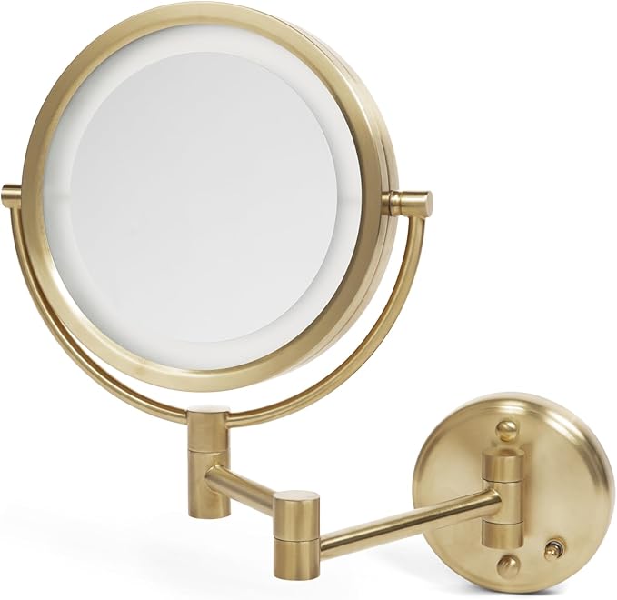 JERDON Wall-Mounted Makeup Mirror with Lights - Direct-Wired Lighted Makeup Mirror with 8X Magnification & Gold Finish - Model HL88BGLD