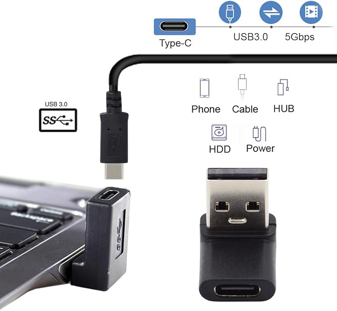 CY USB-C Type C Female 90 Degree Up Angled to USB 3.0 A Male Data Adapter for Laptop Desktop