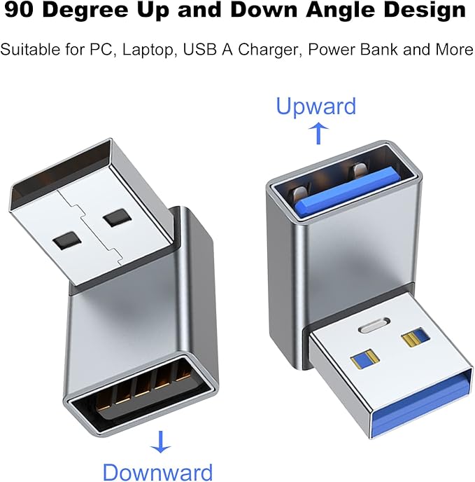 AreMe 90 Degree USB 3.0 Adapter 2 Pack, Up and Down Angle USB A Male to Female Converter Extender for PC, Laptop, USB A Charger, Power Bank and More (Grey)
