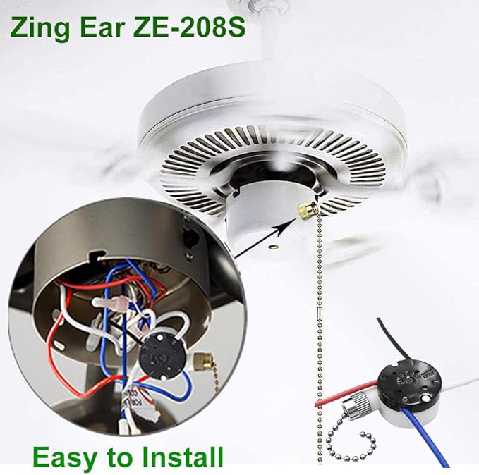 Ceiling Fan Pull Chain Switch Zing Ear ZE-208s E89885,3 Speed 4 Wire Pull Chain Fan Light Switch with 4 Pre-Installed Wires Fit for Harbor Breeze Fans Replacement Part (Nickel)