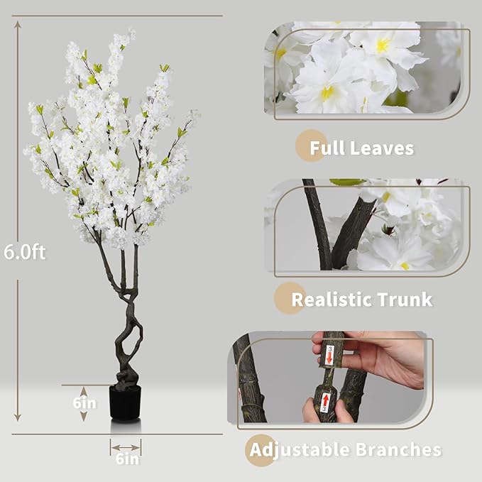 Faux White Cherry Blossom 6ft(72in) Tall Artificial Plant Indoor Decor Handmade Natural Fake Cherry Blossom Tree for Wedding Realistic Cherry Plant in Pot for Home Living Room,Office,Outdoor Decor.