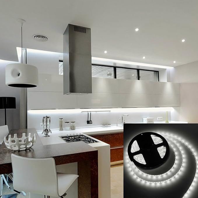 Waterproof Led Strip Lights SMD 3528 16.4 Ft (5M) 300leds 60leds/m White Flexible Tape Lighting Tape Lights for Boats, Bathroom,Mirror,Ceiling and Outdoor (cold white), Power Supply not Included