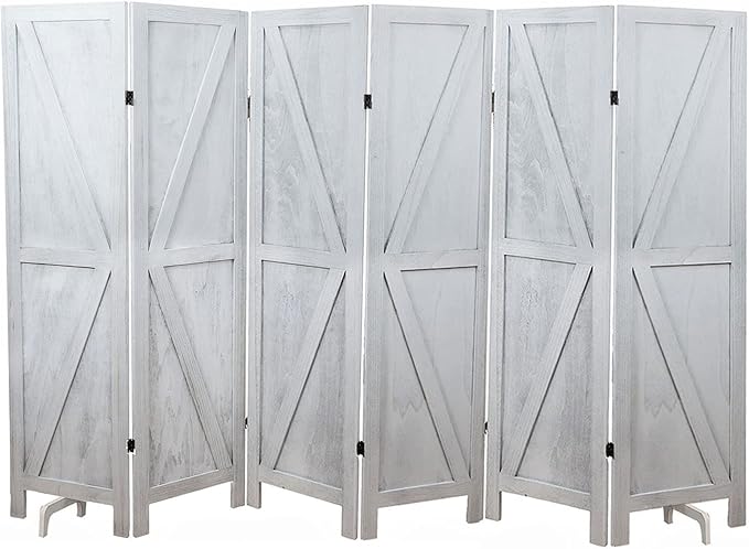 Premium Home 6-Panel Room Divider – Rustic White Barn Door, K Pattern Folding Privacy Screen, Partition Wall