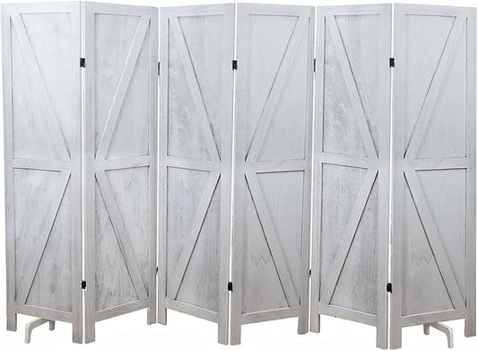Premium Home 6-Panel Room Divider – Rustic White Barn Door, K Pattern Folding Privacy Screen, Partition Wall