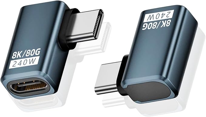 Poyiccot 2-Pack USB C Right Angle Adapter [80Gbps/240W PD/8K@60Hz] Right Angle 90 Degree USB C Adapter Support Type C Fast Charging Thunderbolt 5/4 for iPhone 15, Steam Deck, Switch
