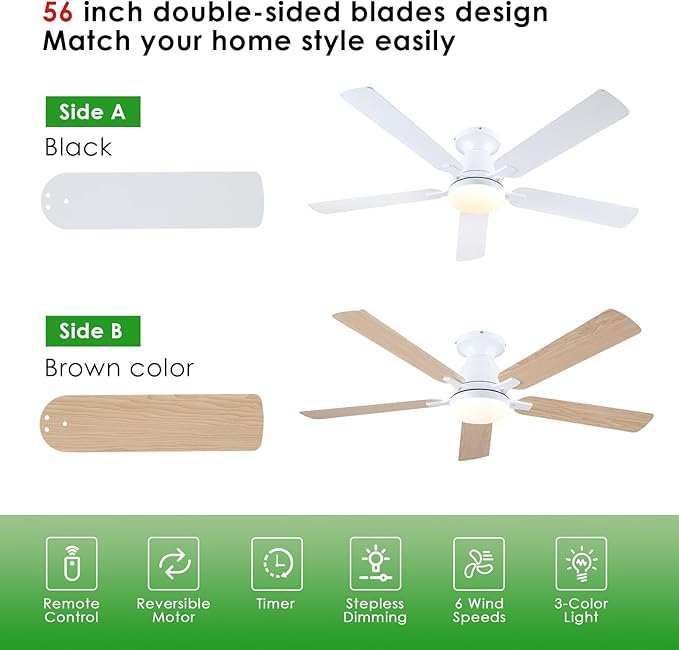 Ceiling Fans with Lights, 56" Flush Mount Ceiling Fan with Light and Remote/APP Control, Low Profile, Modern Ceiling Fan Reversible, Dimmable, Noiseless, White for Bedroom