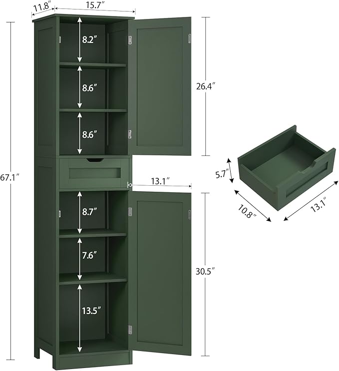 Iwell Tall Bathroom Storage Cabinet with 2 Doors & 1 Drawer, Narrow Storage Cabinet with Adjustable Shelves, for Living Room, Bathroom, Kitchen, Forest Green