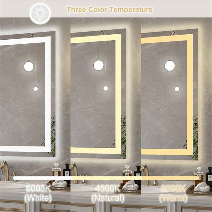 LED Bathroom Mirror 24"x 32" with Front and Backlight, Stepless Dimmable Wall Mirrors with Anti-Fog, Shatter-Proof, Memory, 3 Colors, LED Vanity Mirror(Horizontal/Vertical)