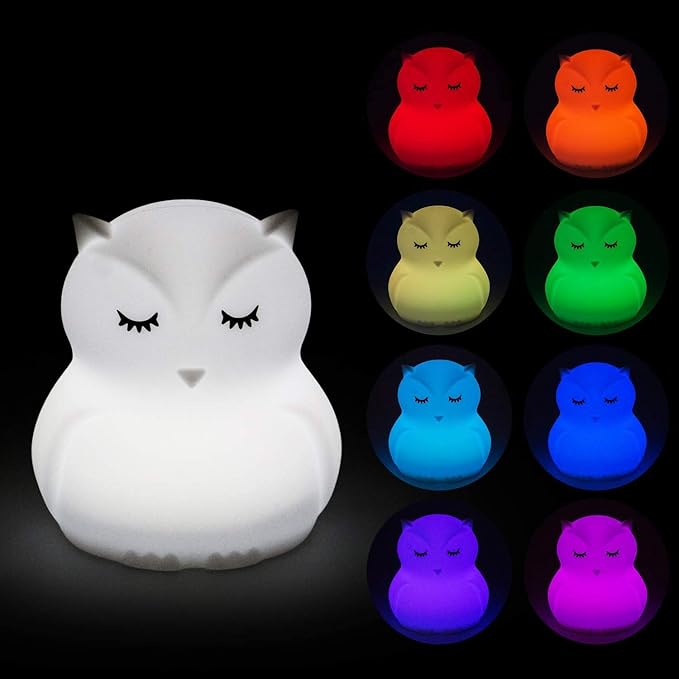 Animal-Shaped Big Night Light for Children/Adults, Rechargeable LED Soft Silicone (BPA Free) Bedside Lamp, Adjustable Brightness and 9 Colors by Touch Control & Remote Control (Big Owl)