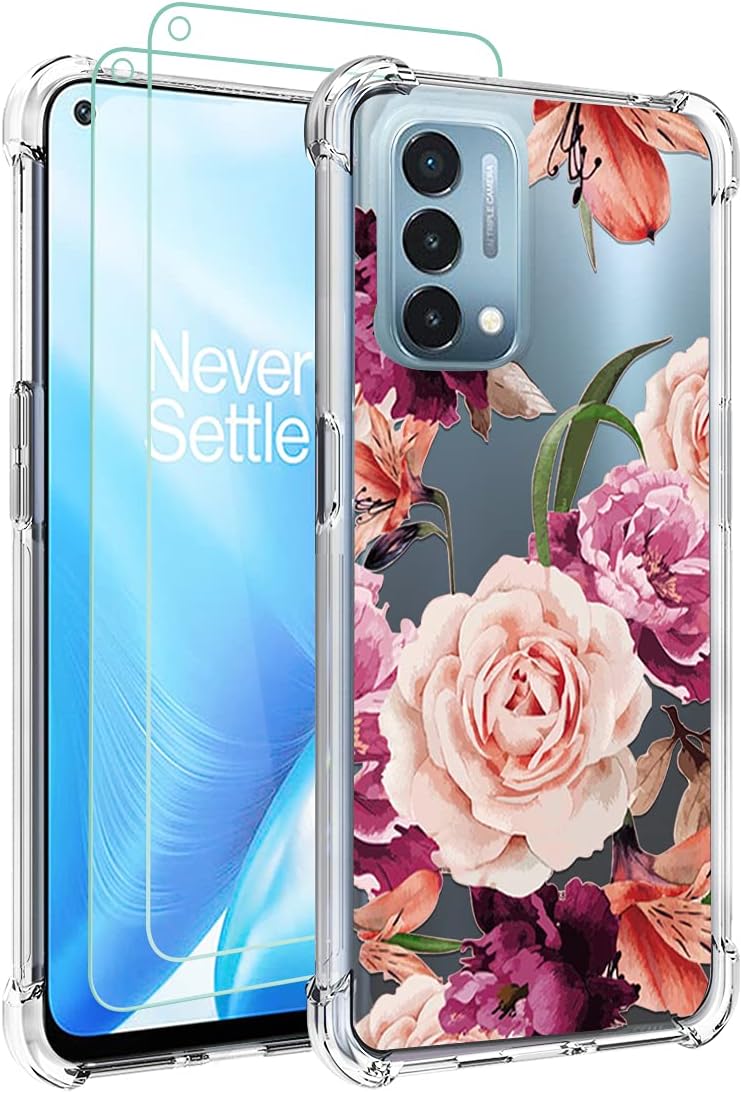 Osophter Case for Oneplus Nord N200 5G, Purple Flower with Screen Protector, Shock-Absorption TPU Cover for 1+Nord N200